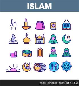 Islam Religion Arab Collection Icons Set Vector Thin Line. Moon With Star And Carpet, Koran And Mosque, Woman Silhouette And Prayer Islam Concept Linear Pictograms. Color Contour Illustrations. Islam Religion Arab Color Icons Set Vector
