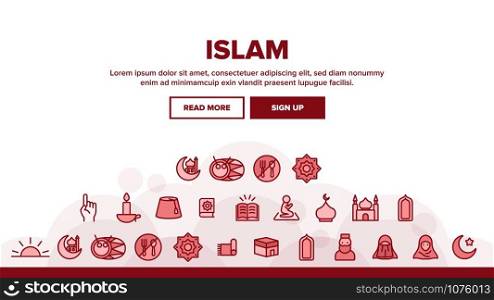 Islam Religion Arab Landing Web Page Header Banner Template Vector. Moon With Star And Carpet, Koran And Mosque, Woman Silhouette And Prayer Islam Illustration. Islam Religion Arab Landing Header Vector