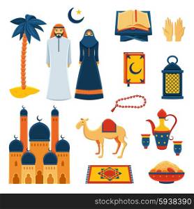 Islam religion flat icons set. Islam religious rituals flat icons collection with koran prayer beads and traditional clothes abstract isolated vector illustration