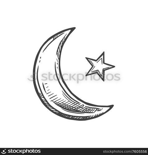 Islam religious crescent moon and star symbol isolated. Vector new Hilal in Islamic, Muslim, or Hijri calendar. Crescent Moon and star isolated Hilal sketch