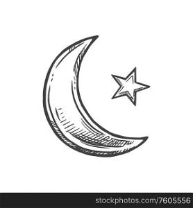 Islam religious crescent moon and star symbol isolated. Vector new Hilal in Islamic, Muslim, or Hijri calendar. Crescent Moon and star isolated Hilal sketch