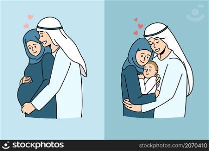 Islamic and arabic family concept. Happy young arabian family wirh pregnant wife and then with small infant newborn baby loving couple parents with child vector illustration . Islamic and arabic family concept