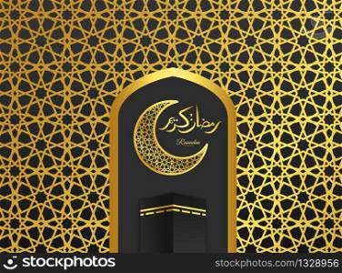 Islamic beautiful design template. Mosque and moon with lanterns on gold background. Ramadan kareem greeting card, Eid mubaruk, banner, cover or poster. Vector illustration. EPS 10.