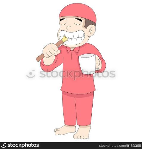islamic boy is cleaning teeth take care of health. vector design illustration art