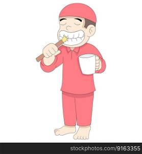 islamic boy is cleaning teeth take care of health. vector design illustration art