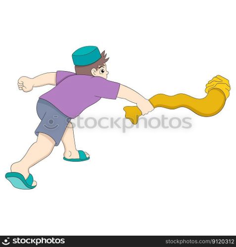 Islamic boy is playing throwing gloves happily. vector design illustration art