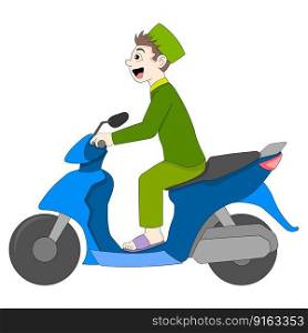 Islamic boy is riding a motorcycle going to the mosque to worship. vector design illustration art