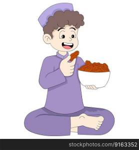 Islamic boy is sitting breaking his fast eating dates. vector design illustration art