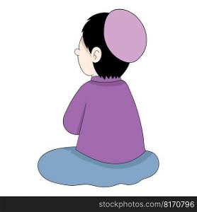 Islamic boy is sitting contemplating a beautiful and happy life. vector design illustration art