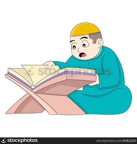 Islamic boy is spending time worshiping reading the holy book. vector design illustration art