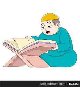 Islamic boy is spending time worshiping reading the holy book. vector design illustration art