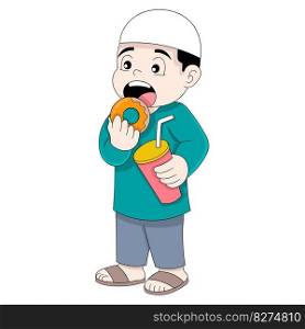 Islamic boy is standing eating donuts for iftar of Ramadan. vector design illustration art