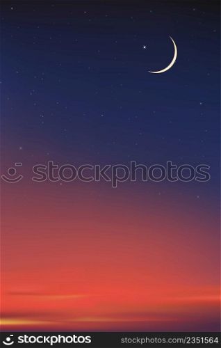 Islamic card with Crescent moon on Blue,Orange sky background,Vertical banner Ramadan Night with Dramtic Suset,twilight dusk sky for Islamic religion, Eid al-Adha,Eid Mubarak,Eid al fitr
