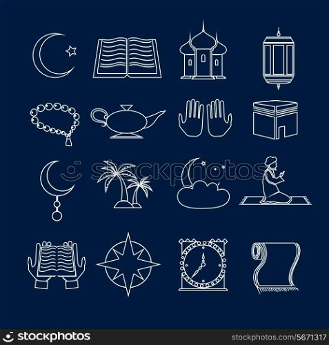 Islamic church muslim arabic holy religious traditional symbols outline icons set isolated vector illustration