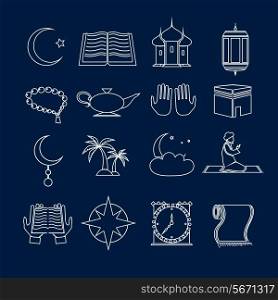Islamic church muslim arabic holy religious traditional symbols outline icons set isolated vector illustration