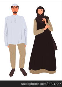 Islamic couple in traditional clothes, arab male and female characters. Husband and wife in dress and scarf. Muslim fashion, clothing for religious people. Girl and boy from asia. Vector in flat style. Muslim couple, man and woman wearing traditional clothes