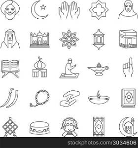 Islamic culture linear icons set. Thin line contour symbols. Muslim attributes. Religion symbolism. Isolated vector outline illustrations. Islamic culture linear icons set. Islamic culture linear icons set