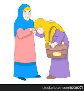 Islamic family, daughter shaking hands with her mother. vector design illustration art