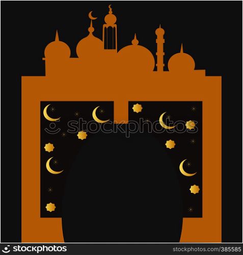 Islamic gate. Ramadan holy month greeting card design, poster design elements. background design. Gold lamps and stars on dark background. Vector. Islamic gate Ramadan holy month design.