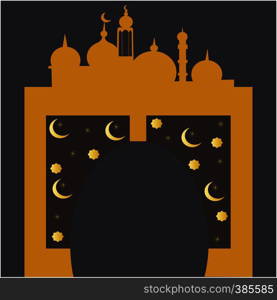 Islamic gate. Ramadan holy month greeting card design, poster design elements. background design. Gold lamps and stars on dark background. Vector. Islamic gate Ramadan holy month design.