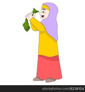 Islamic girl is decorating the nuances of Ramadan Kareem. vector design illustration art