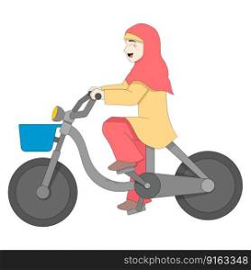 islamic girl is riding a bicycle to the mosque for worship. vector design illustration art
