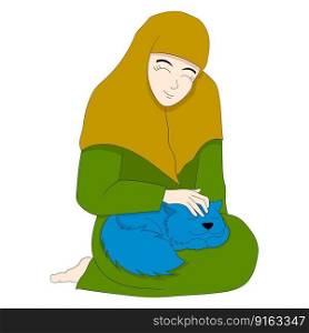 Islamic girl is sitting playing with a cute pet cat. vector design illustration art