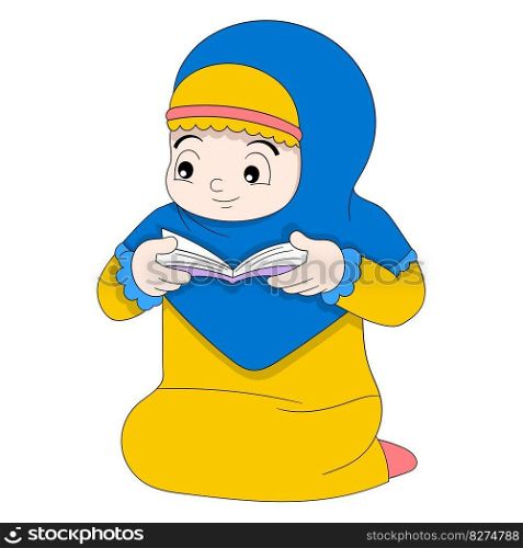 islamic girl is sitting reading holy bible. vector design illustration art