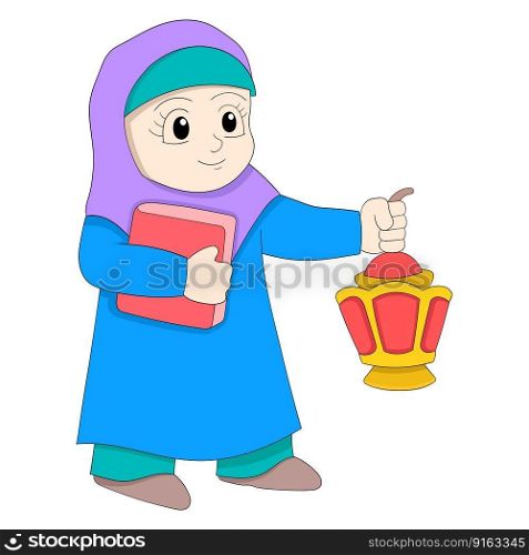 islamic girl is walking carrying lantern and holy book. vector design illustration art