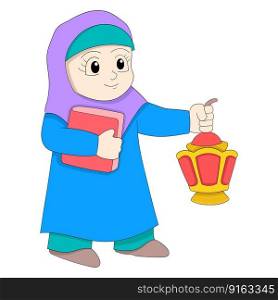 islamic girl is walking carrying lantern and holy book. vector design illustration art