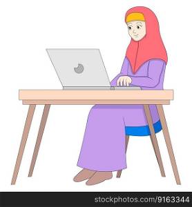 islamic girl is working from home for international. vector design illustration art