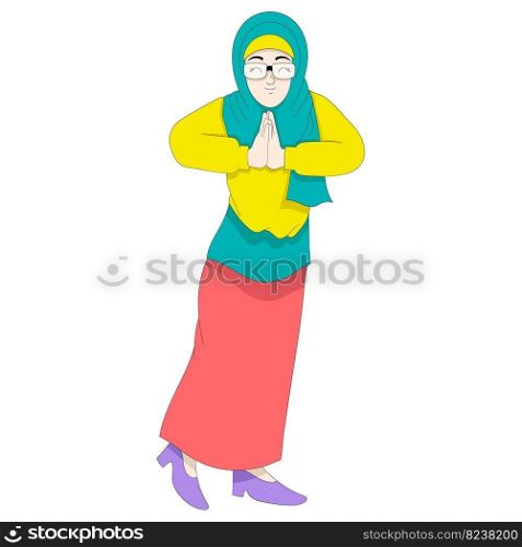 Islamic girl poses wishing you a happy Eid Al Fitr. vector design illustration art