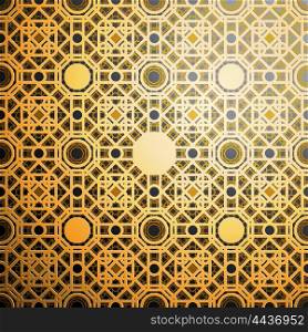 Islamic gold pattern with overlapping geometric square shapes forming abstract ornament. Vector stylish golden texture on black background. Islamic gold pattern with overlapping geometric square shapes forming abstract ornament. Vector stylish golden texture on black background.