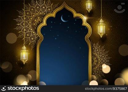 Islamic greeting card design with golden arch and hanging lanterns, glittering arabesque background. Islamic greeting card design