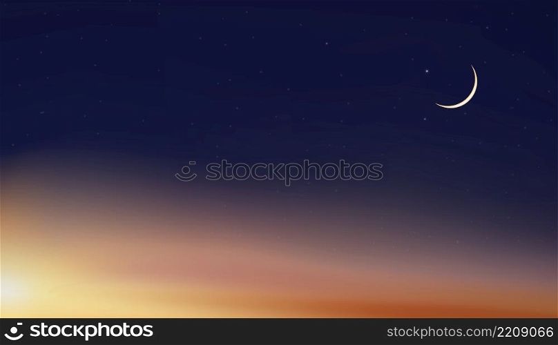 Islamic greeting ramadan kareem card design background with Crescent moon and Mosque on colourful sunset sky background, Vector religions symbolic of Islamic or Muslim for Ramadan Kareem, Eid Mubarak