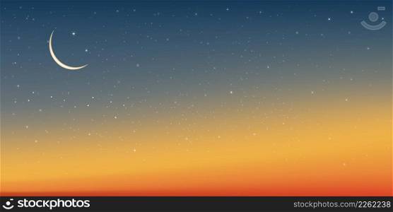 Islamic greeting Ramadan Kareem card design background with Crescent moon on dusk sky background,Vector Milky Way with Starry,Beautiful sunset,Religions symbolic of Islamic, Muslim for Eid Mubarak
