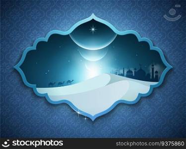 Islamic holiday background with desert scene in blue tone. Islamic holiday background