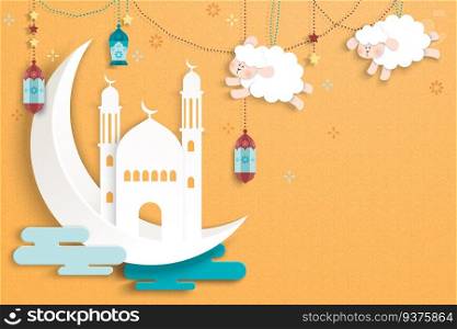 Islamic holiday design in cute paper art style, crescent, mosque and hanging sheep on chrome yellow background. Islamic holiday design