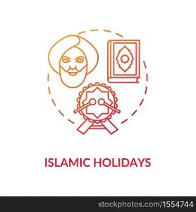 Islamic holidays concept icon. Religious celebrations in India, islam idea thin line illustration. Prophet muhammad, quran and festive drum vector isolated outline RGB color drawing. Islamic holidays concept icon