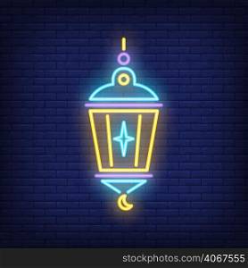 Islamic lantern neon sign. Lamp with star and crescent on dark brick wall background. Night bright advertisement. Vector illustration in neon style for decoration or celebration