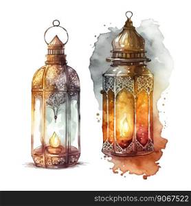 islamic lantern watercolor illustration with golden metal material. Ramadan Kareem islamic lantern watercolor illustration vector