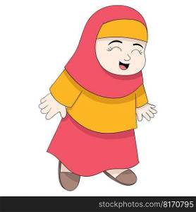 Islamic little girl is happy greeting friendly. vector design illustration art