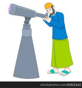 Islamic man looking at the sky to see the sign of the fasting month of Ramadan. vector design illustration art