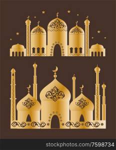 Islamic mosque collection of sacred places for muslim people, decorated with arabic ornamental elements and golden color, vector illustration on black. Islamic Mosque Collection Vector Illustration