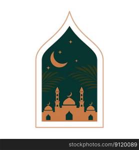 Islamic mosque Ramadan Mubarak greeting cards with retro boho design concept vector flat design