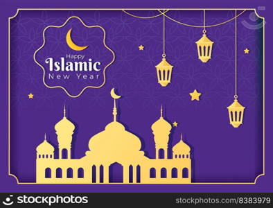 Islamic New Year Day or 1 Muharram Vector Background Illustration of Muslim Family Celebrating Can be use for Greeting Card or Invitation
