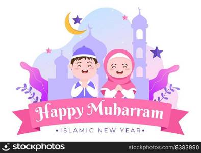 Islamic New Year Day or 1 Muharram Vector Background Illustration of Muslim Family Celebrating Can be use for Greeting Card or Invitation