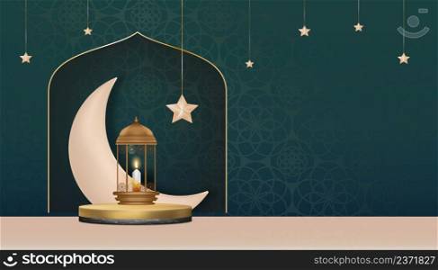 Islamic Podium with Traditional islamic lantern with Crescent moon,Star hanging on green background, Vector Backdrop of Religion of Muslim Symbolic,Eid al fitr, Ramadan Kareem,Eid al Adha,Eid Mubarak