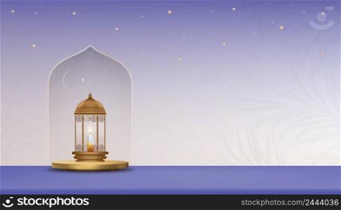 Islamic Podium with Traditional lantern with Crescent moon and Star on purple background, Vector Backdrop banner of Religion of Muslim Symbolic,Eid ul fitr, Ramadan Kareem,Eid al Adha,Eid Mubarak
