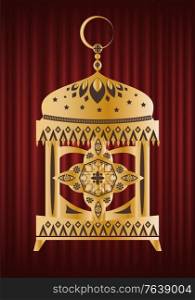 Islamic symbols with crescent and stars. Ramadan Kareem Muslim holiday golden lanterns. Eid Mubarak greeting, arabian ornament vector illustration. Red curtain theater background. Ramadan Kareem Golden Latern with Crescent Vector